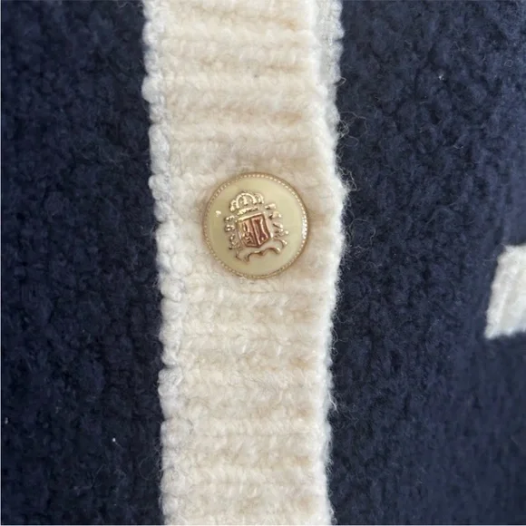 TALBOTS Boucle dipped sweater cardigan button down navy blue, white - Picture 9 of 11
